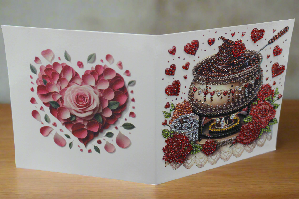 Valentines Chocolate Pot with Hot Chocolate and Flowers Diamond Art Card