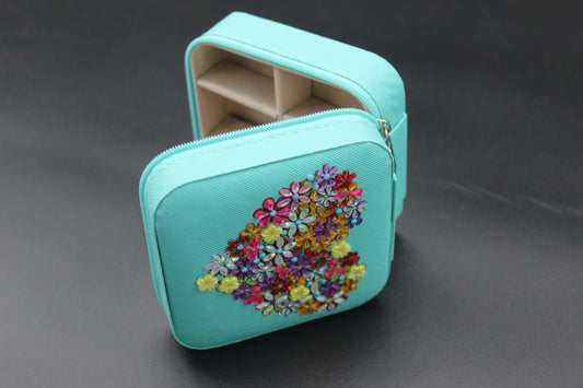 Portable Diamond Painting Jewelry Storage Box Teal PU Leather Jewelry Ring Organizer Case with Heart shaped Flowers