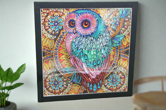 Great Colorful Diamond Art Owl Picture Framed