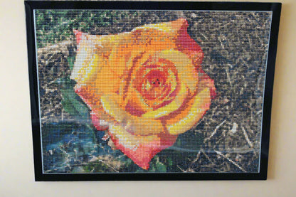 Kellie Custom Photo Diamond Art Yellow Reddish Rose Adorned in Rhinestone Crystals. Perfect for a Country Home