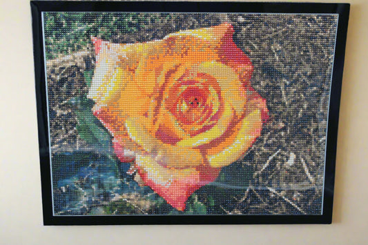 Kellie Custom Photo Diamond Art Yellow Reddish Rose Adorned in Rhinestone Crystals. Perfect for a Country Home