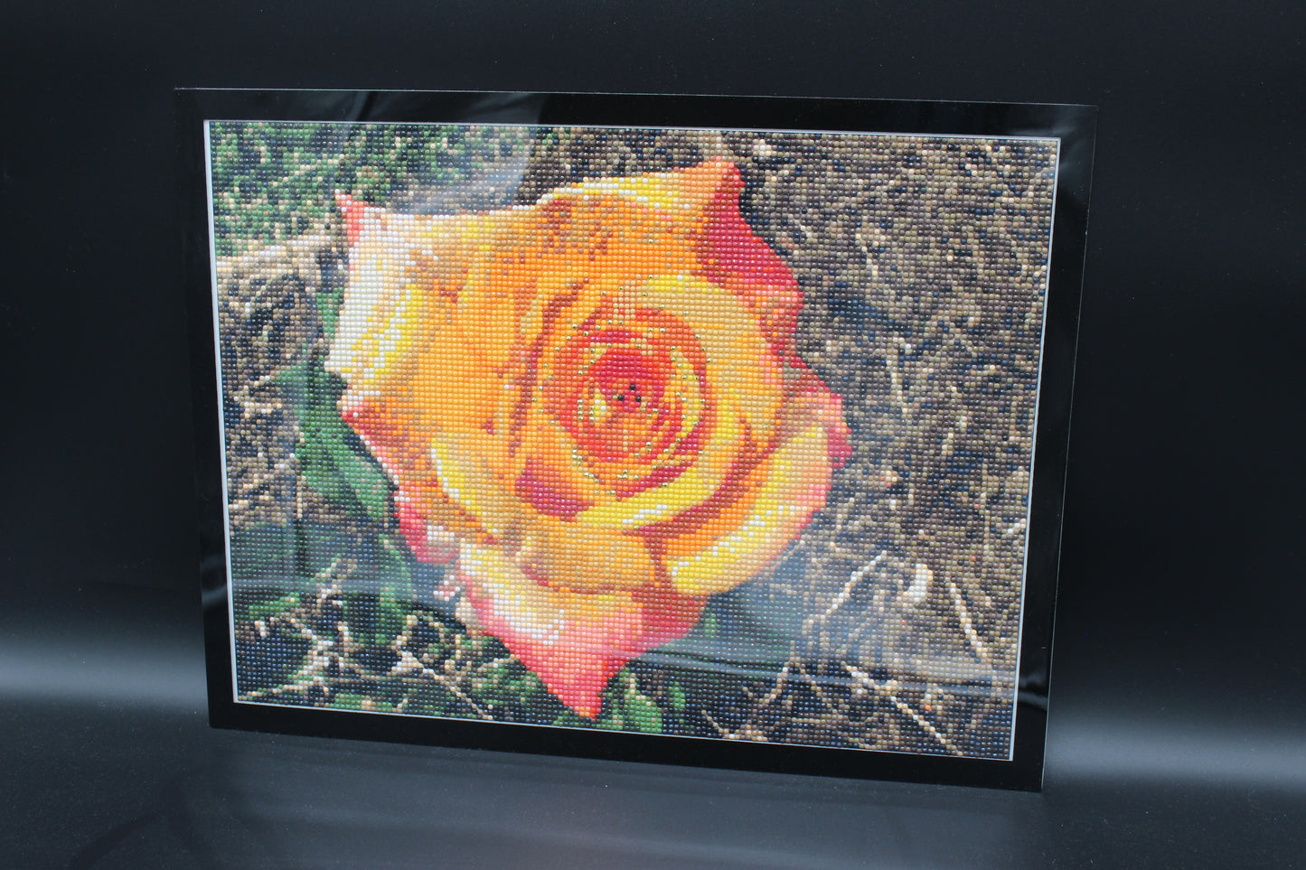 Kellie Custom Photo Diamond Art Yellow Reddish Rose Adorned in Rhinestone Crystals. Perfect for a Country Home