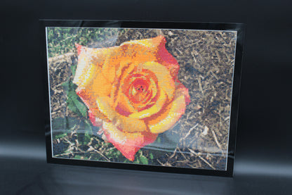 Kellie Custom Photo Diamond Art Yellow Reddish Rose Adorned in Rhinestone Crystals. Perfect for a Country Home