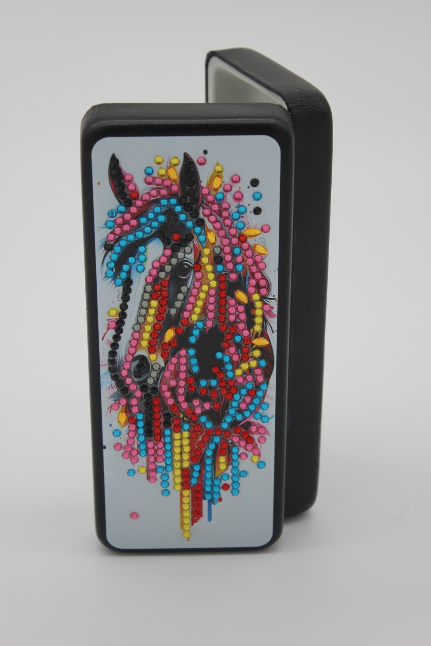 Beautifully Adorned Diamond Art Multi Colored Horse Glass Case