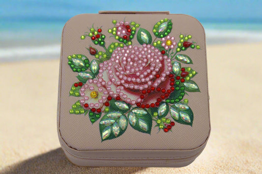 Portable Rhinestone Diamond Art Jewelry Storage Box with a Gorgeous Pink Flower Spray
