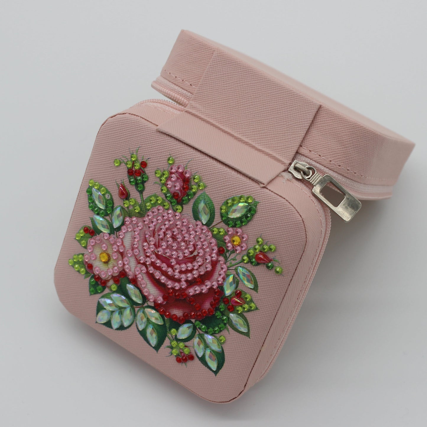 Portable Rhinestone Diamond Art Jewelry Storage Box with a Gorgeous Pink Flower Spray