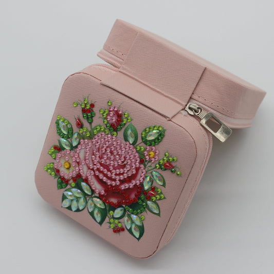 Portable Rhinestone Diamond Art Jewelry Storage Box with a Gorgeous Pink Flower Spray