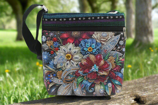 Colorful Diamond Art Shoulder Bag with Beautiful Flowers Silver and Red Flowers