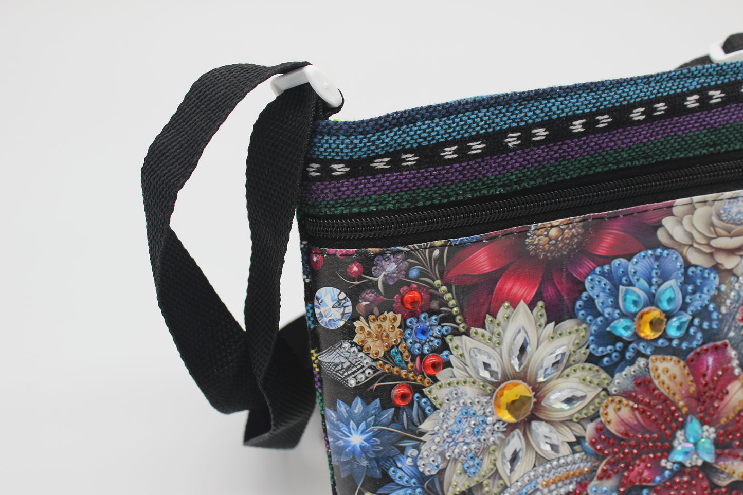 Colorful Diamond Art Shoulder Bag with Beautiful Flowers Silver and Red Flowers