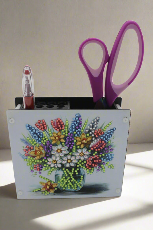 Cute Diamond Art Double Sided Square Pencil and Scissors Holder