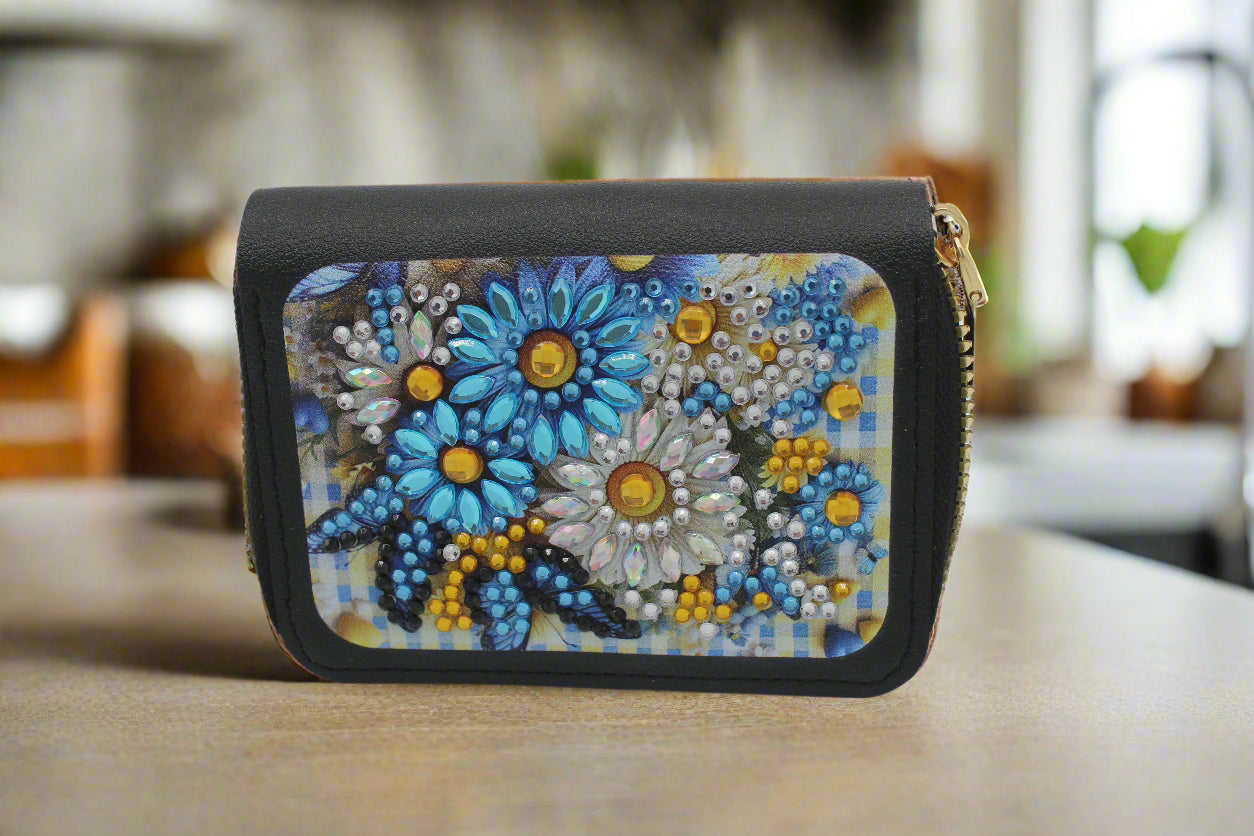 Cute Diamond Art Wallet with Blue and White Flowers