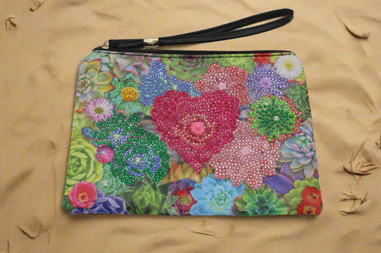 Clutch Diamond Art Purse With Green and Pink Flowers