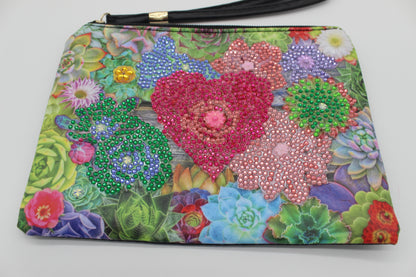 Clutch Diamond Art Purse With Green and Pink Flowers