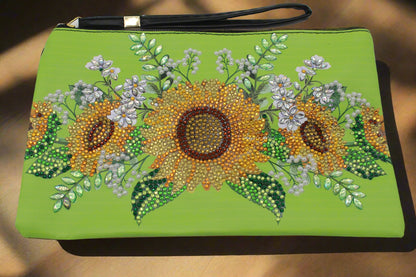 Clutch Diamond Art Purse With Yellow Sun Flowers and Silver Pedals