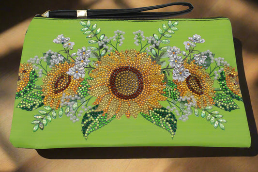 Clutch Diamond Art Purse With Yellow Sun Flowers and Silver Pedals