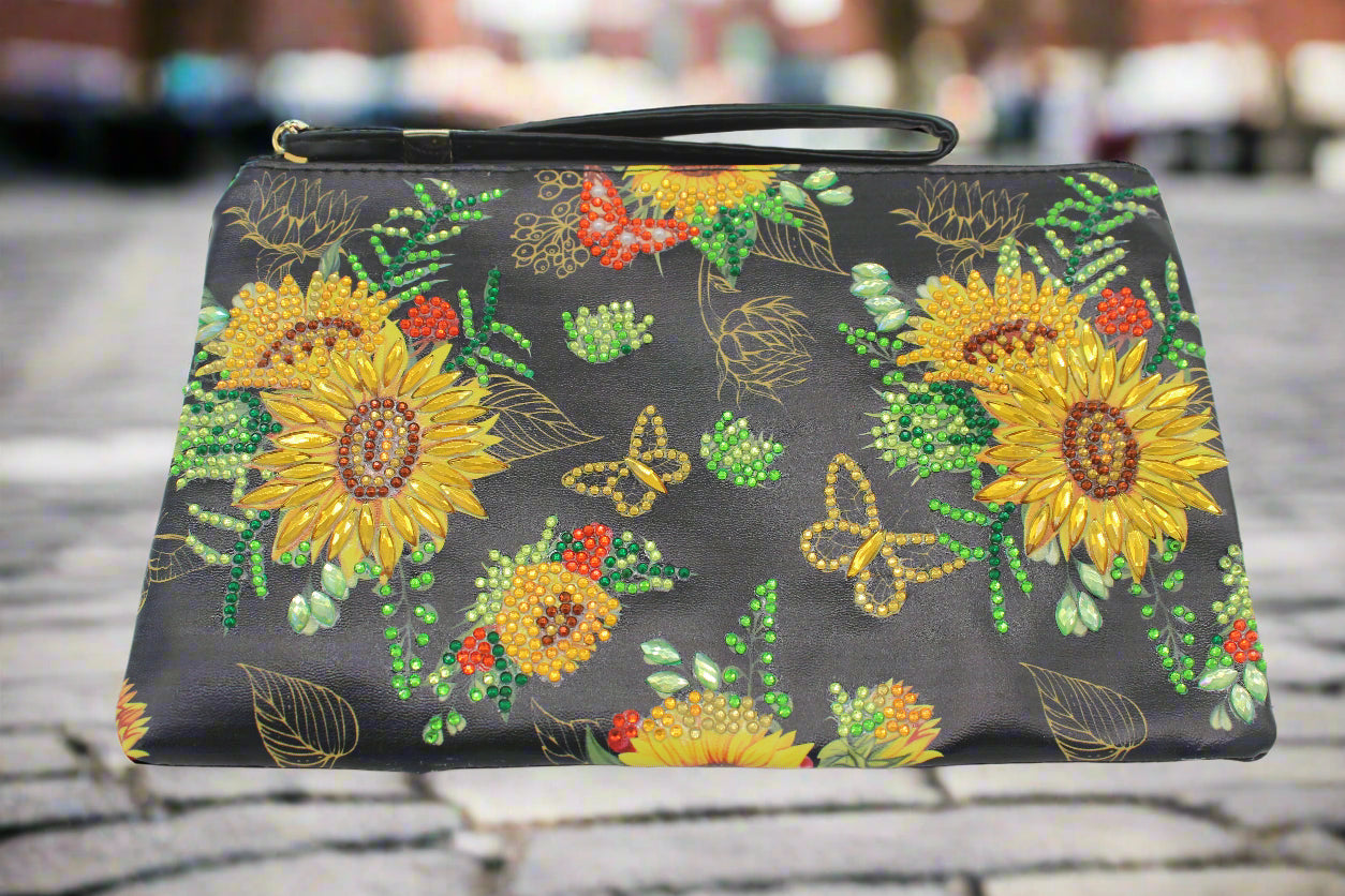 Clutch Diamond Art Black Purse with Yellow Flowers and Butterflies