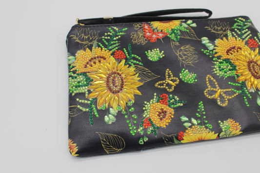 Clutch Diamond Art Black Purse with Yellow Flowers and Butterflies