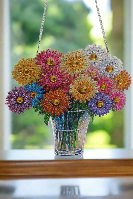 Multi Colored Hanging Diamond Art Flower Bouquet with Sea thru Vase
