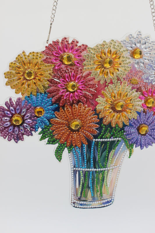 Multi Colored Hanging Diamond Art Flower Bouquet with Sea thru Vase