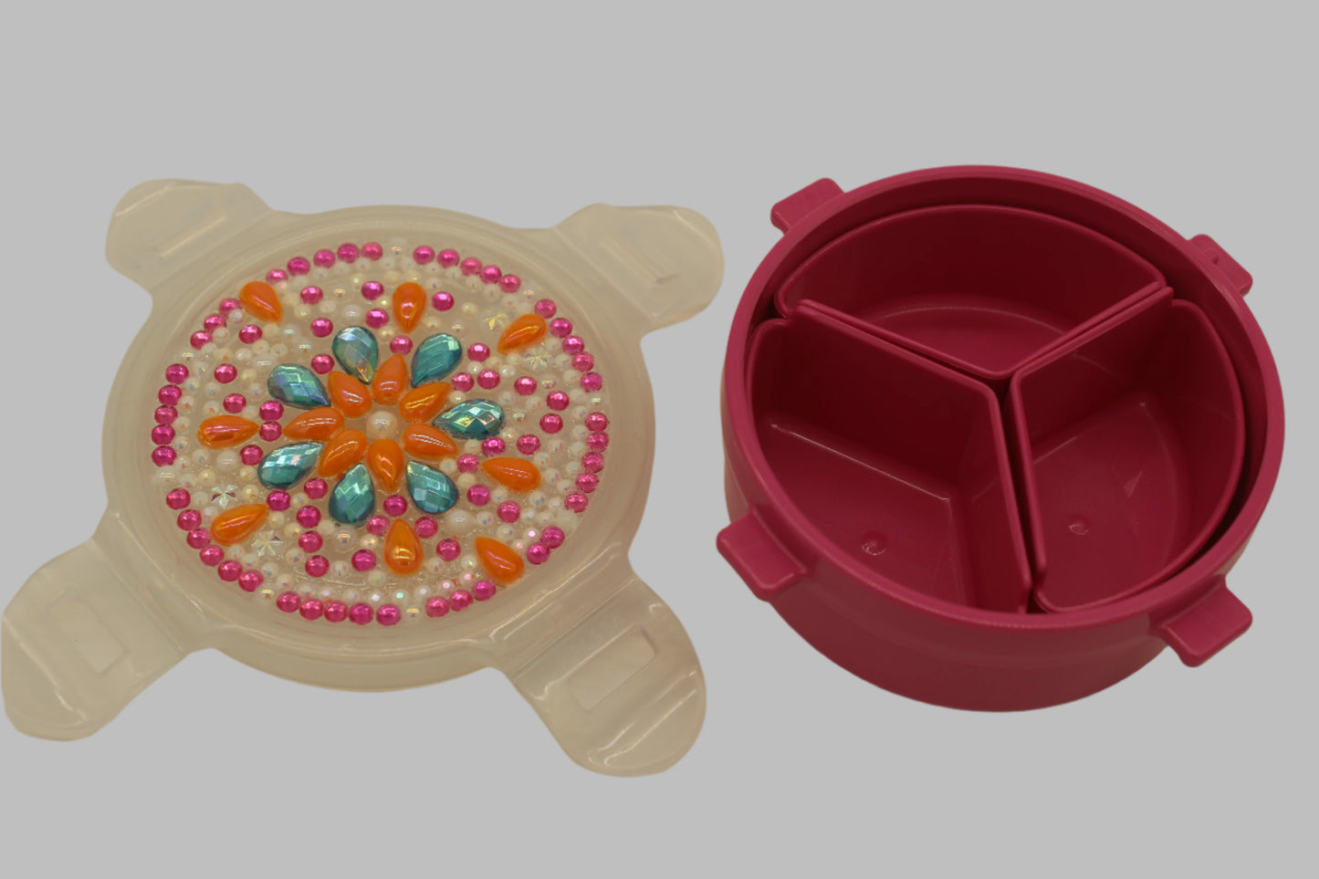 Diamond Art Custom Design Multi Purpose Divided Container with Pink White Teal Stones