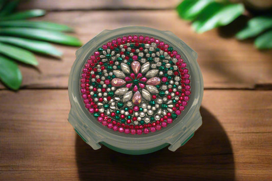 Diamond Art Custom Design Multi Purpose Divided Container Pink Green and Silver Stones