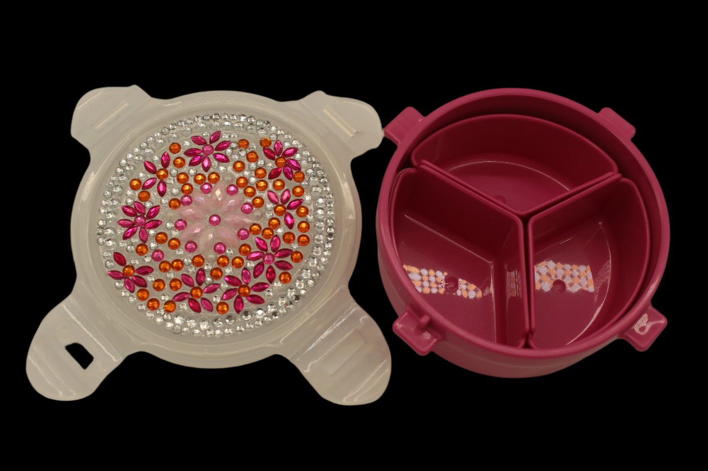 Diamond Art Custom Design Multi Purpose Divided Container Pink Red and Silver Stones