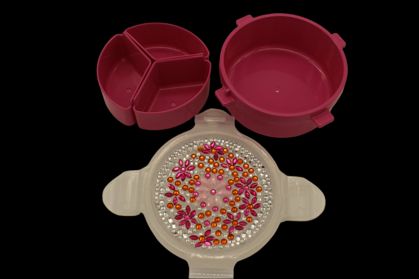 Diamond Art Custom Design Multi Purpose Divided Container Pink Red and Silver Stones