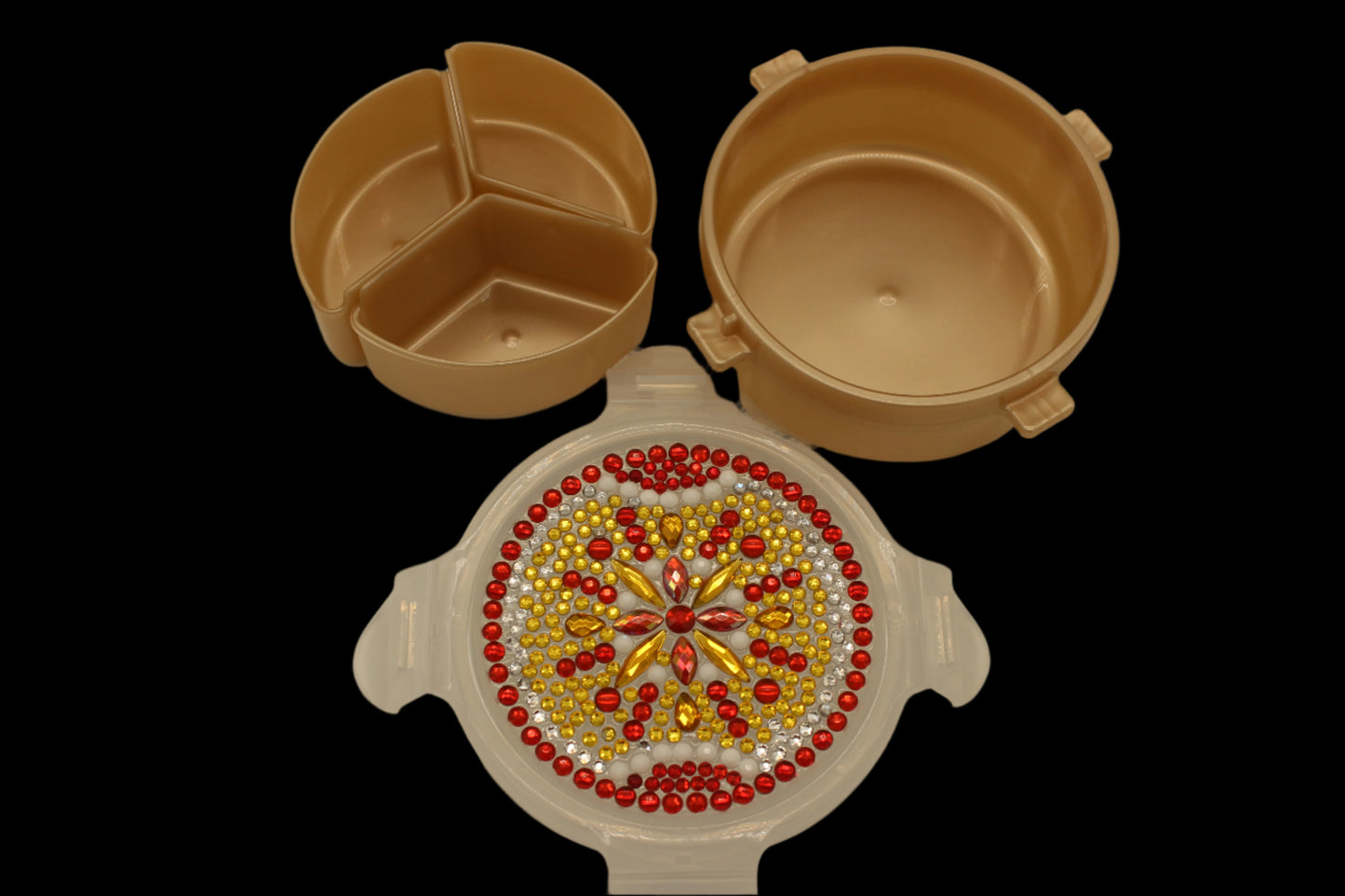 Diamond Art Custom Design Multi Purpose Divided Container Yellow Red and Silver Stones