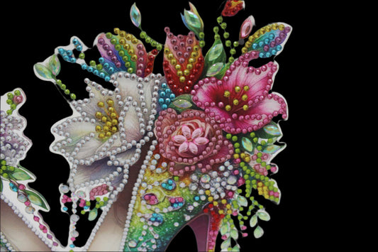 Colorful floral design with beads and sequins on a white background