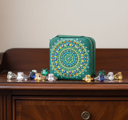 Portable Diamond Art Spiral Jewelry Storage Box with Green, Orange, and Clear Gems