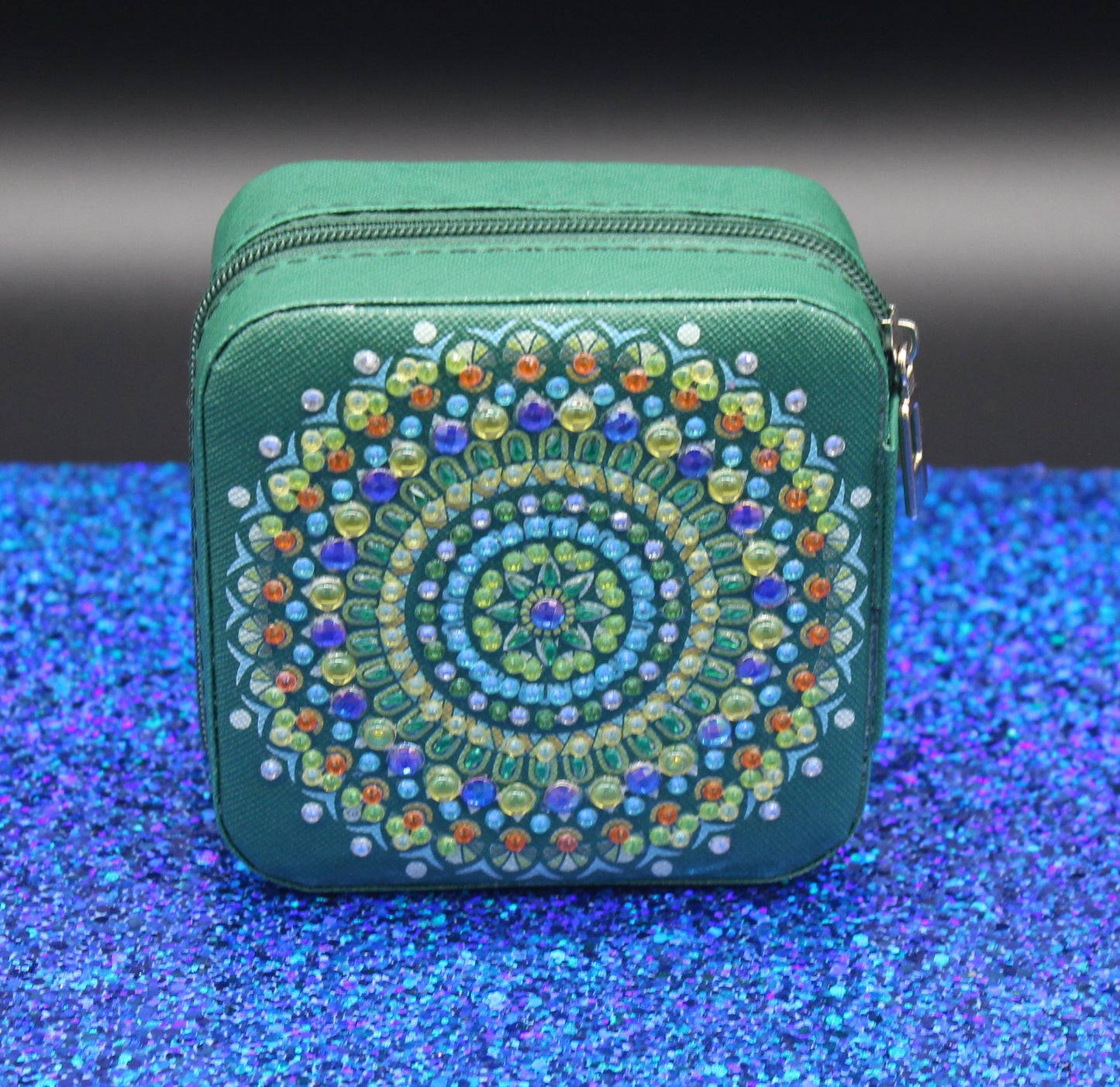 Portable Diamond Art Spiral Jewelry Storage Box with Green, Orange, and Clear Gems