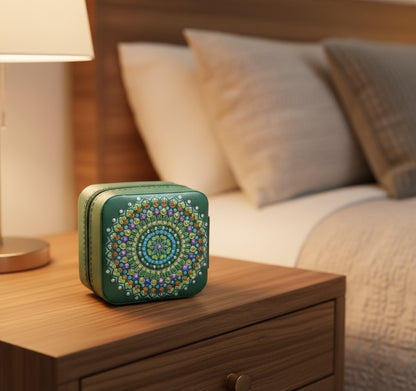 Portable Diamond Art Spiral Jewelry Storage Box with Green, Orange, and Clear Gems