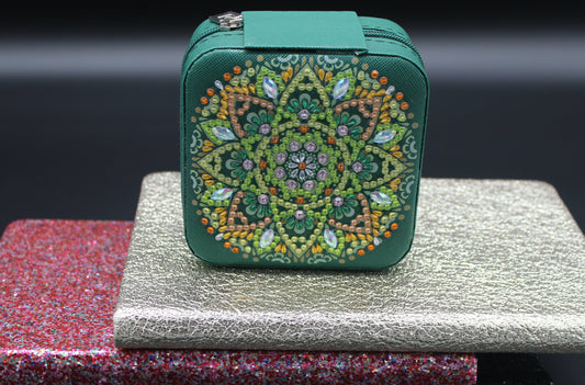 Portable Diamond Art Flowery Painting Jewelry Storage Box with Green, Orange, and Clear Gems