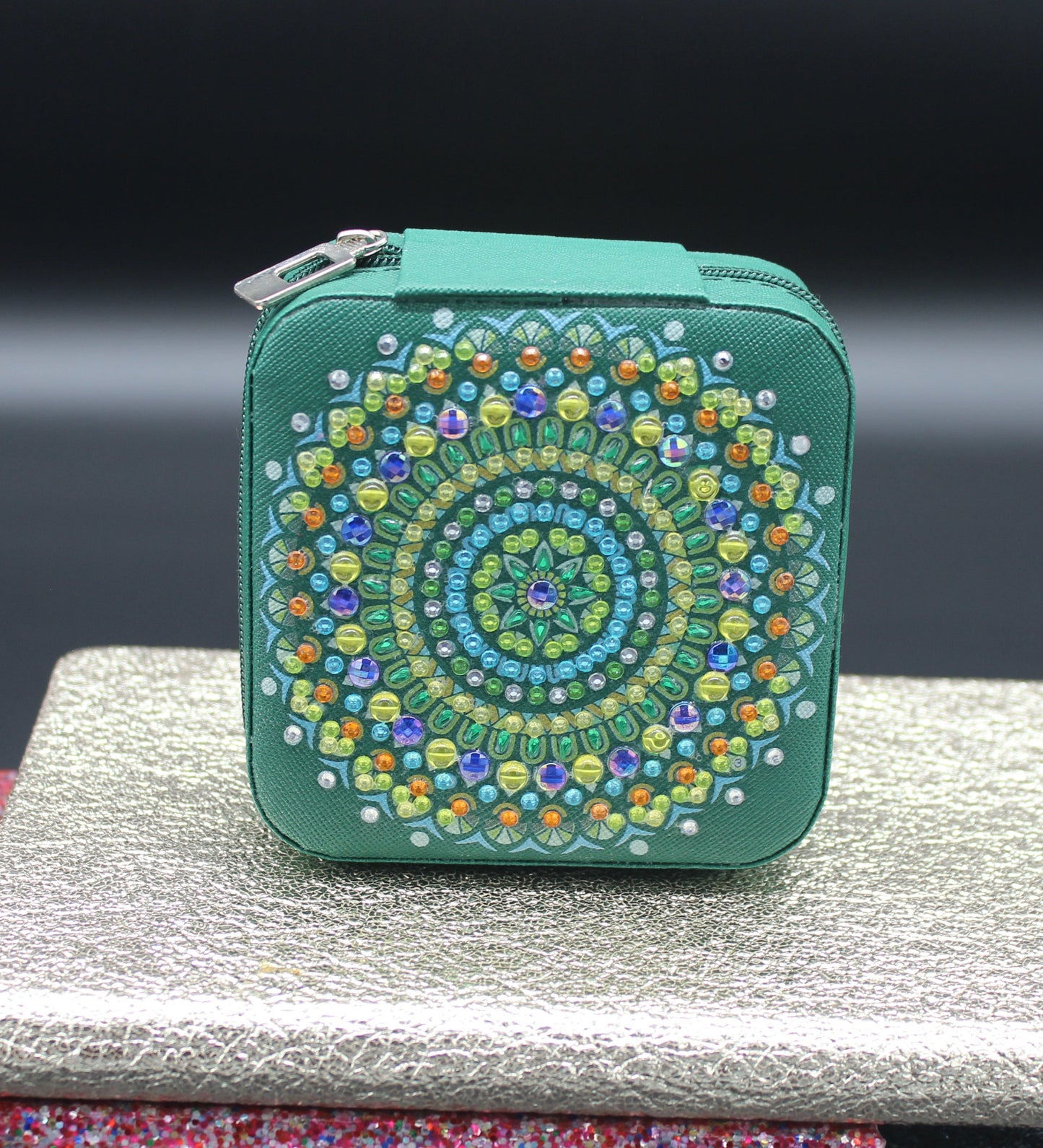 Portable Diamond Art Spiral Jewelry Storage Box with Green, Orange, and Clear Gems