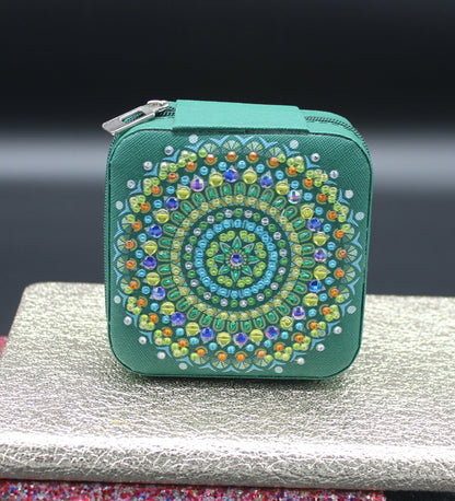 Portable Diamond Art Spiral Jewelry Storage Box with Green, Orange, and Clear Gems
