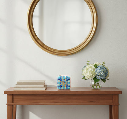 Portable Square Diamond Art Flowerly Jewelry Storage Box with Blue, Clear, and Yellow Gems