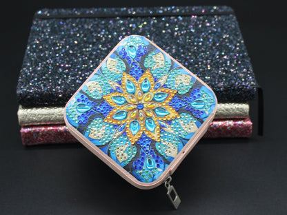 Portable Square Diamond Art Flowerly Jewelry Storage Box with Blue, Clear, and Yellow Gems