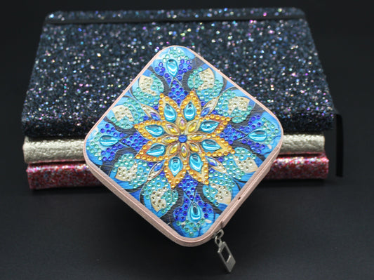 Portable Square Diamond Art Flowerly Jewelry Storage Box with Blue, Clear, and Yellow Gems
