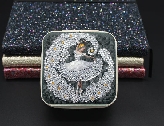 Portable Square Diamond Art Jewelry Storage Box with a Ballerina Surrounded by Silver and Clear Crystals