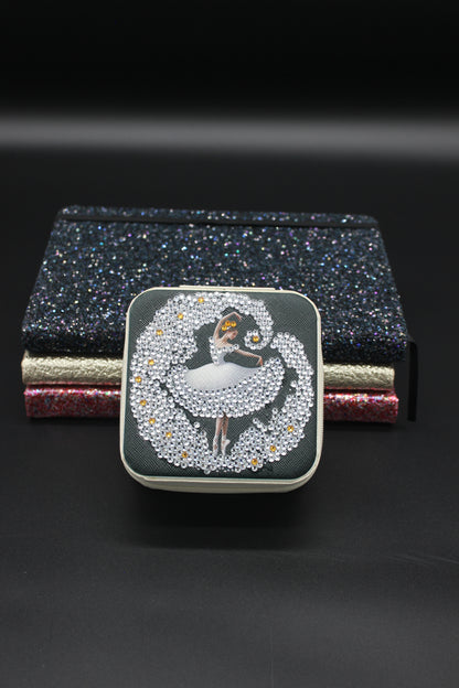 Portable Square Diamond Art Jewelry Storage Box with a Ballerina Surrounded by Silver and Clear Crystals