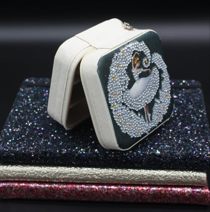 Portable Square Diamond Art Jewelry Storage Box with a Ballerina Surrounded by Silver and Clear Crystals