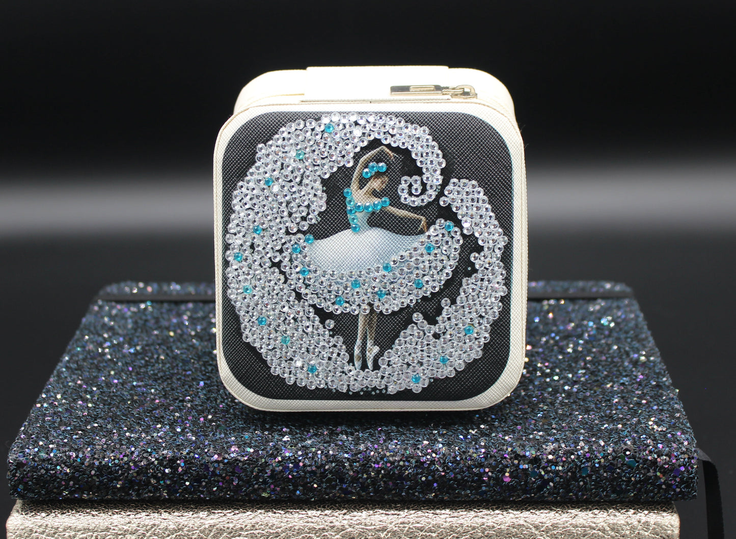 Portable Square Diamond Art Jewelry Storage Box with a Ballerina Surrounded by Silver Blue and Clear Crystals