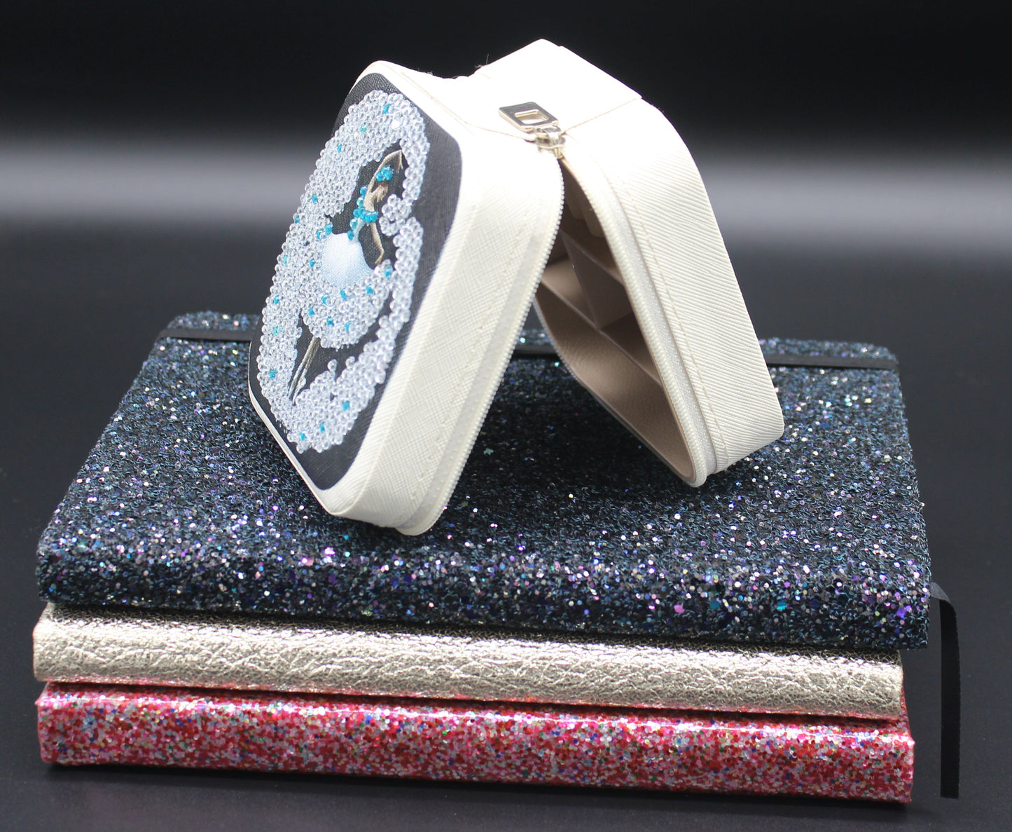 Portable Square Diamond Art Jewelry Storage Box with a Ballerina Surrounded by Silver Blue and Clear Crystals