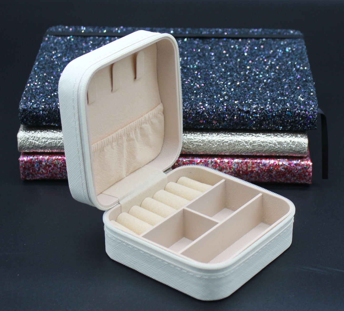 Portable Square Diamond Art Jewelry Storage Box with a Ballerina Surrounded by Silver Blue and Clear Crystals