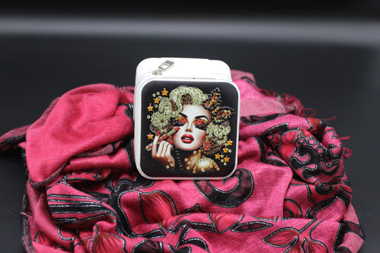 Portable Square Diamond Art Jewelry Storage Box with Marilyn Monroe Surrounded by Silver Red and Clear Crystals