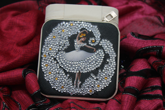 Portable Square Diamond Art Jewelry Storage Box with a Ballerina Surrounded by Silver Gold and Clear Crystals