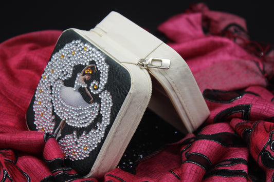 Portable Square Diamond Art Jewelry Storage Box with a Ballerina Surrounded by Silver Gold and Clear Crystals
