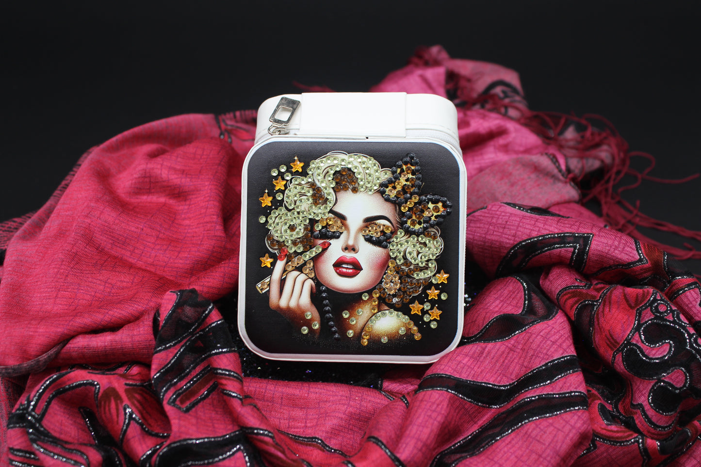 Portable Square Diamond Art Jewelry Storage Box with Marilyn Monroe Surrounded by Silver Gold and Clear Crystals