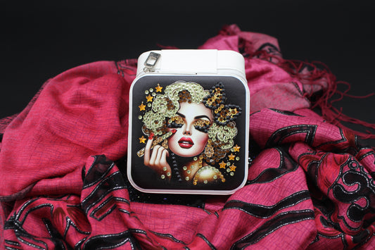 Portable Square Diamond Art Jewelry Storage Box with Marilyn Monroe Surrounded by Silver Gold and Clear Crystals