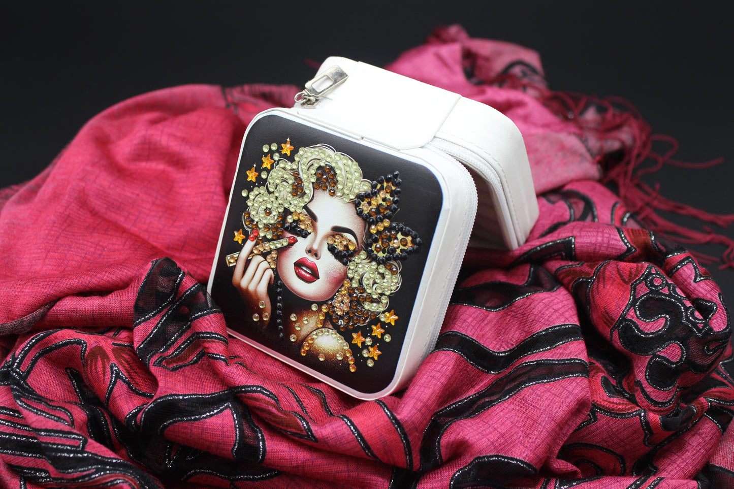 Portable Square Diamond Art Jewelry Storage Box with Marilyn Monroe Surrounded by Silver Gold and Clear Crystals